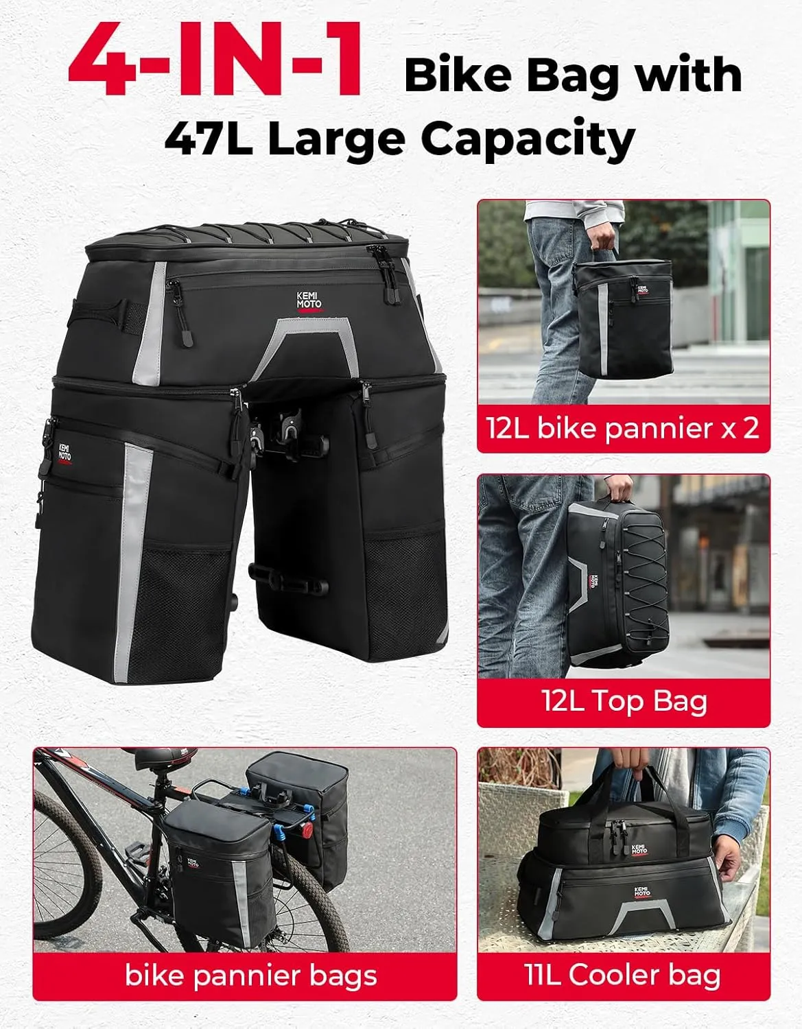 KEMIMOTO Bicycle Panniers Combo 4-in-1, Bike Saddle Cooler Bag with Waterproof Rain Cover, 47L Removable Insulated Cycling Rear Luggage for Warm or Cold Items for Traveling Camping Shopping Commuting