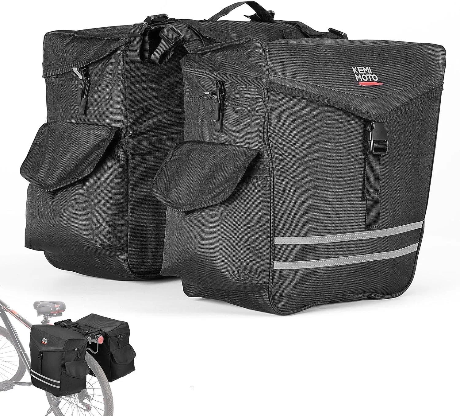 KEMIMOTO Bike Panniers Bag 40L Bicycle Panniers for Rear Rack with Waterproof Rain Cover, Ebike Saddle Bags, Bike Rack Bag, Saddlebags for Bikes, Black Large Capacity Reflective Strip