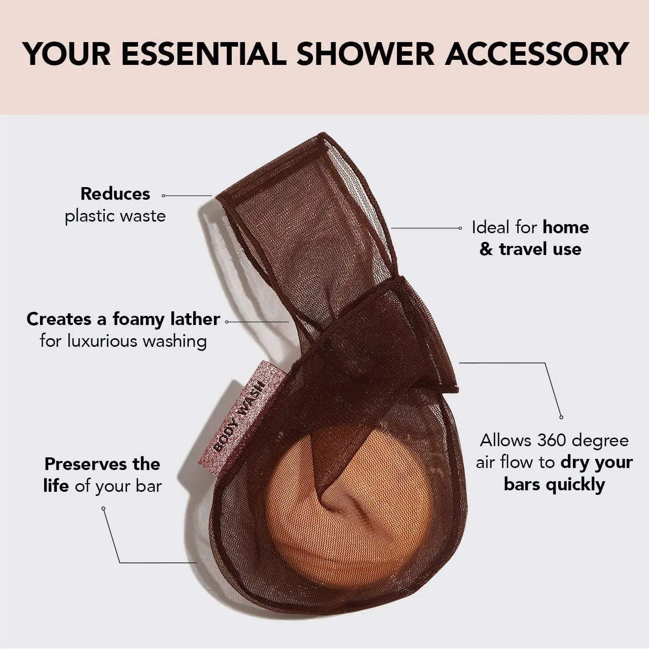 Kitsch Bar Soap Saver Bag  Recycled Mesh Beauty Bar Pouch for Body Wash, Conditioner & Shampoo Bars, Holder to Preserve Soap, Eco-Friendly, Patented Bag  Chocolate