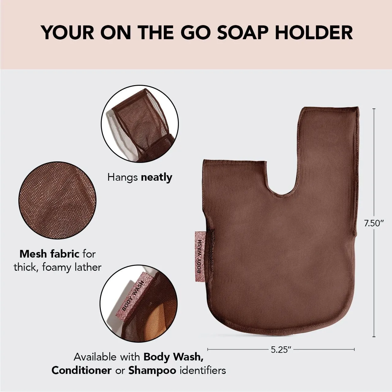 Kitsch Bar Soap Saver Bag  Recycled Mesh Beauty Bar Pouch for Body Wash, Conditioner & Shampoo Bars, Holder to Preserve Soap, Eco-Friendly, Patented Bag  Chocolate