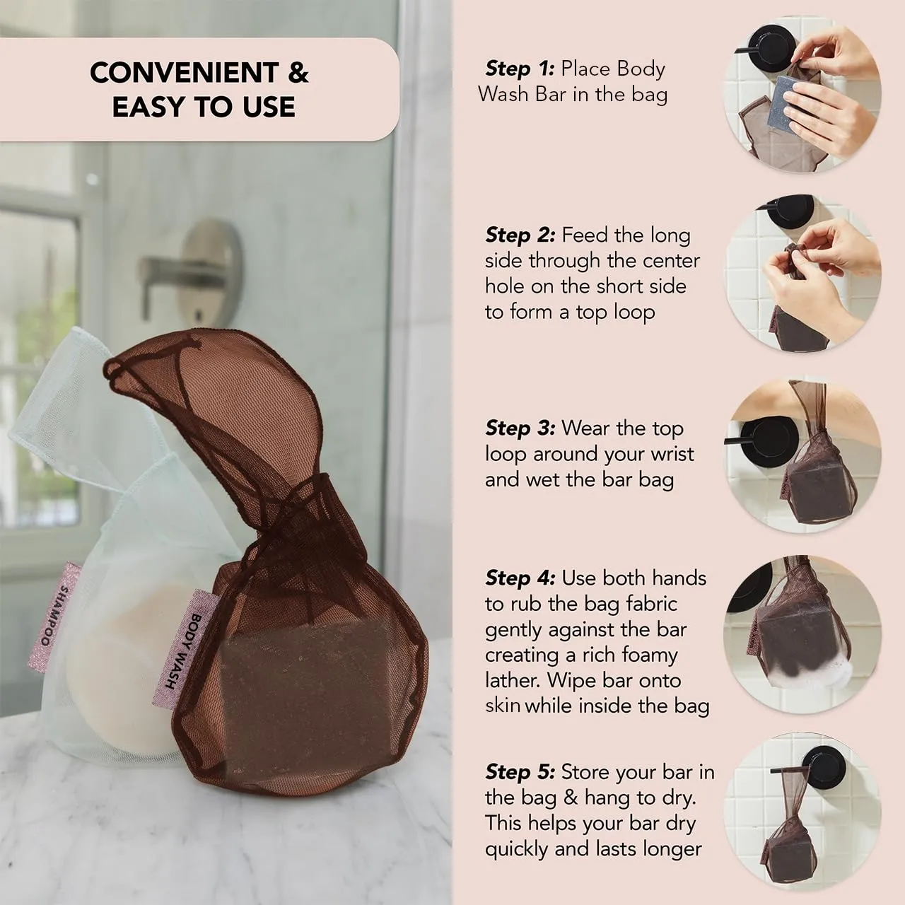 Kitsch Bar Soap Saver Bag  Recycled Mesh Beauty Bar Pouch for Body Wash, Conditioner & Shampoo Bars, Holder to Preserve Soap, Eco-Friendly, Patented Bag  Chocolate