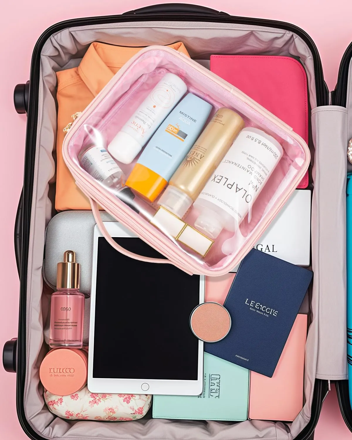 KOTORA TSA Approved Toiletry Bag with Mini Clear Makeup Bag Travel Size Beach Pool Bag Car Accessories for Women Her (1Handle-Pink)