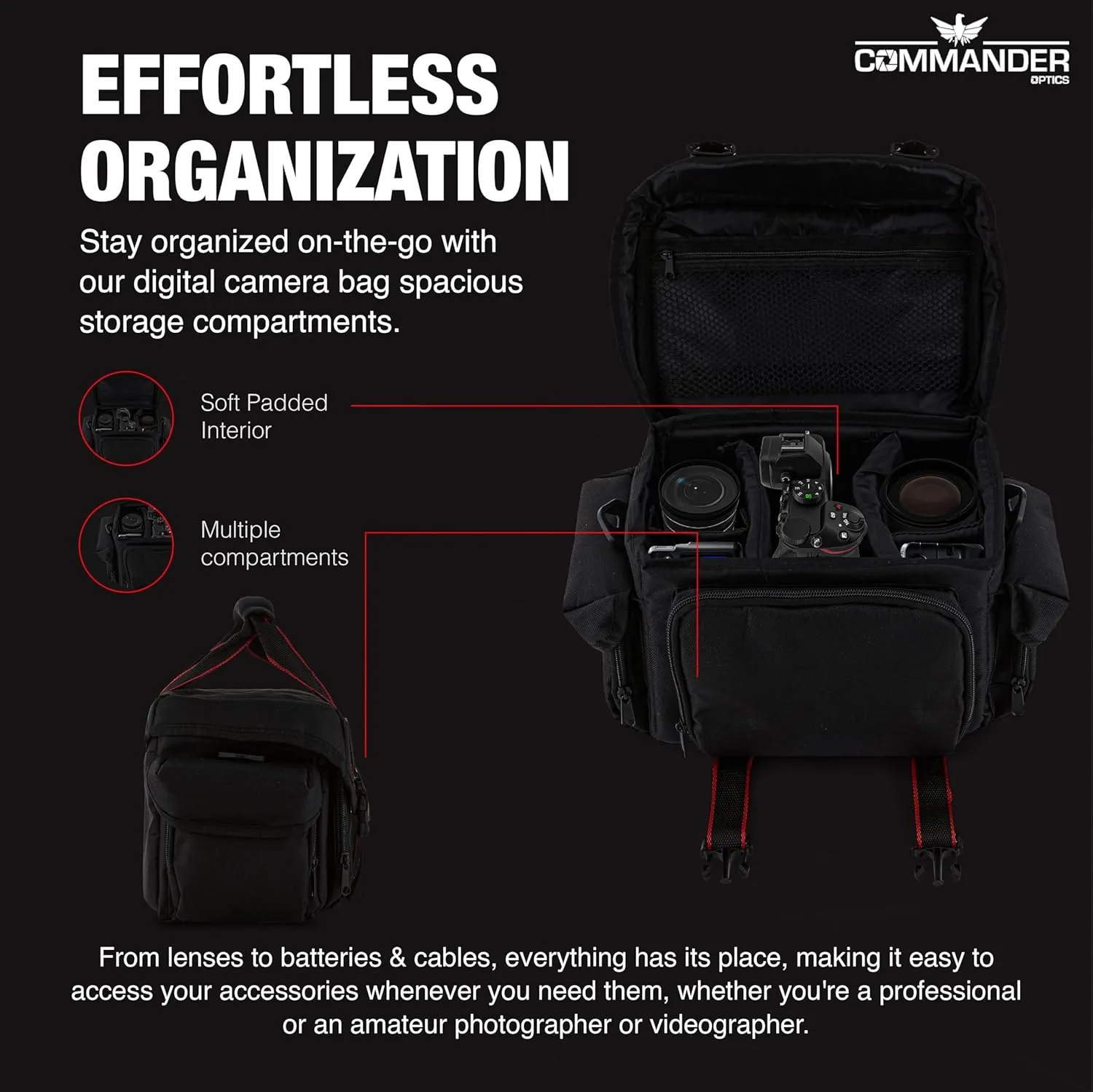 Large Camera Bag - Water Resistant, Soft Padded, Spacious Travel Bag for Canon EOS, Nikon, Sony & More DSLR Cameras/Camcorders Ample Storage and Protection for Your Equipment (Large)