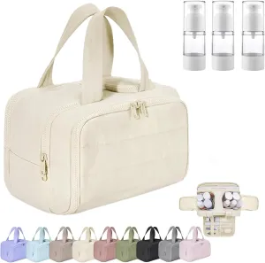 Large Capacity Wide-Open Travel Cosmetic Bag, 4-in-1 Multi-Functional Toiletry Organizer for Women, Waterproof Wash Bag with Separate Compartments, Camping Toiletry Bag for Travel (Beige)