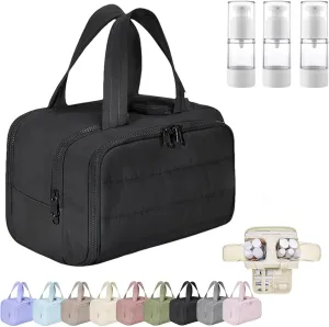 Large Capacity Wide-Open Travel Cosmetic Bag, 4-in-1 Multi-Functional Toiletry Organizer for Women, Waterproof Wash Bag with Separate Compartments, Camping Toiletry Bag for Travel (Black)