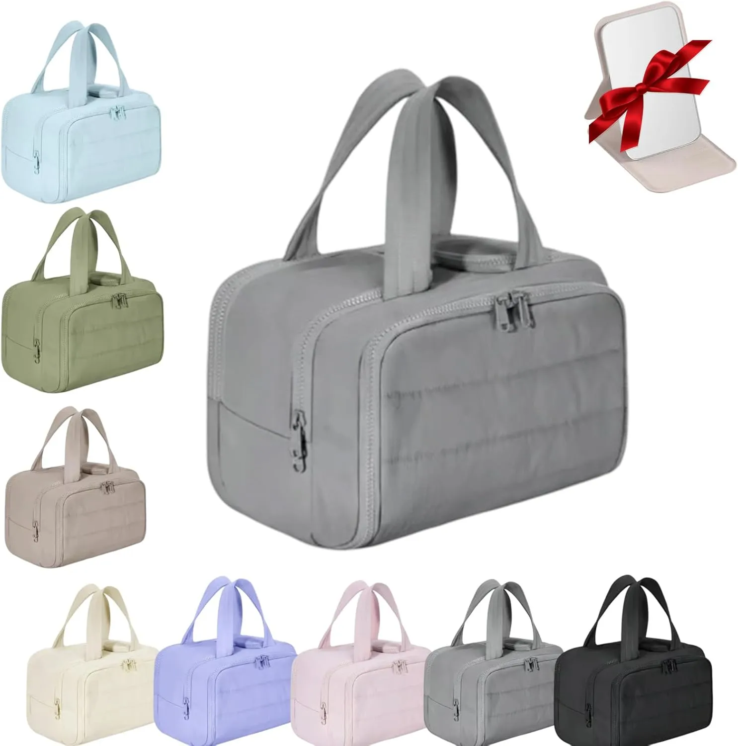 Large Capacity Wide-Open Travel Cosmetic Bag,Cureaway Travel Cosmetic Bag,Make up Bag Organizer,4-in-1puffy Multi-functional Toiletry Bag for Women, Dry-and-Wet Separation (Gray)