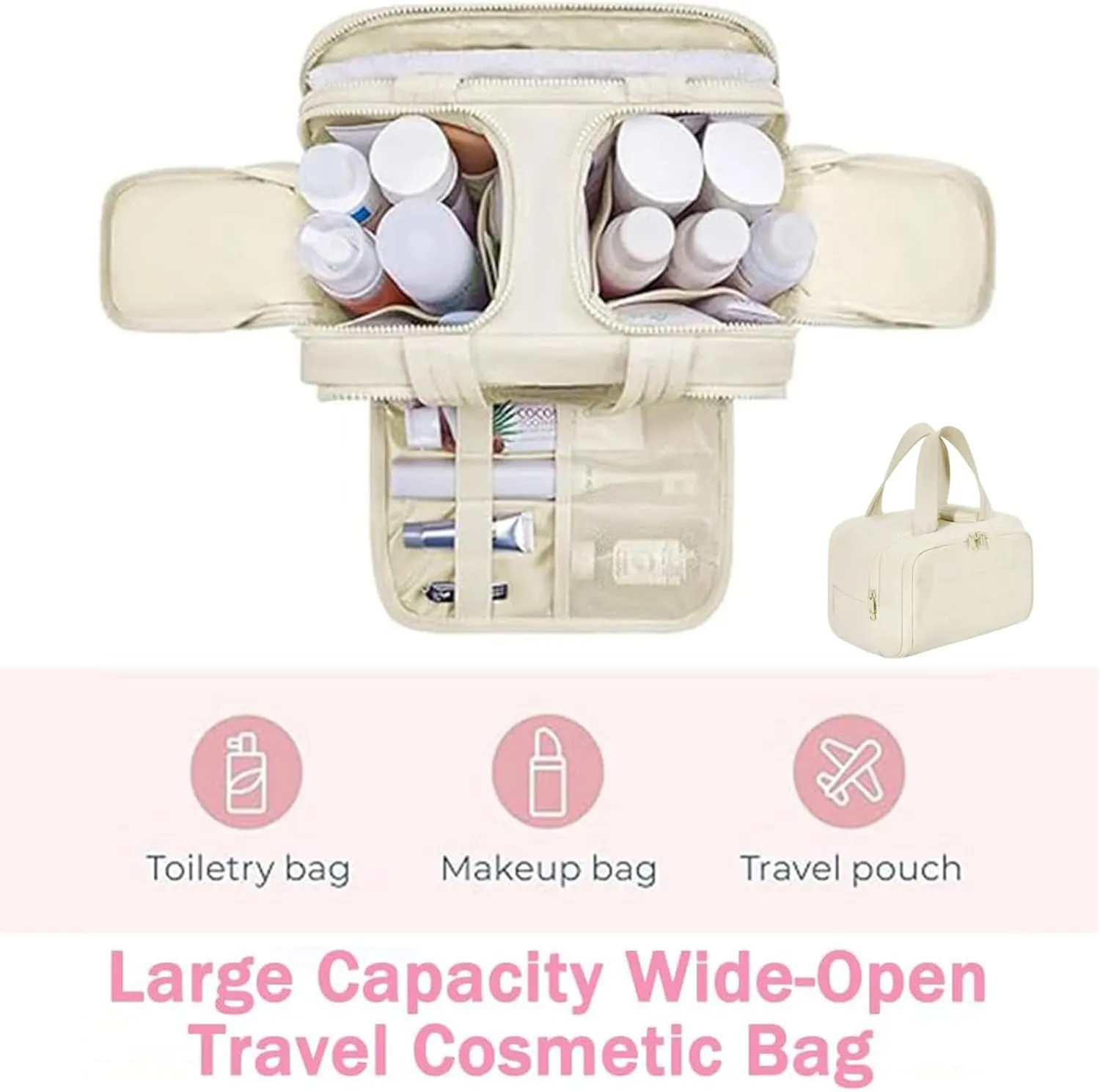 Large Capacity Wide-Open Travel Cosmetic Bag,Cureaway Travel Cosmetic Bag,Make up Bag Organizer,4-in-1puffy Multi-functional Toiletry Bag for Women, Dry-and-Wet Separation (Gray)