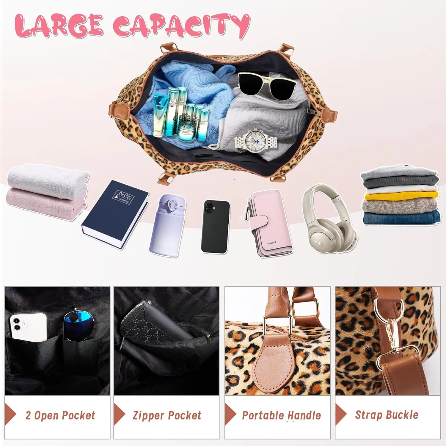 Leopard Print Weekender Bag Extra Large, Stylish Duffle Bags for Travel, Western gifts for Women (Leopard with Makeup Bag)