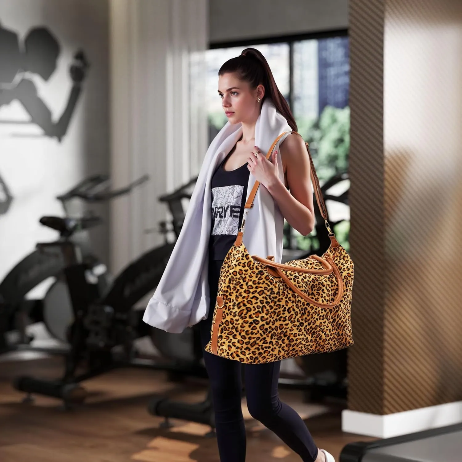 Leopard Print Weekender Bag Extra Large, Stylish Duffle Bags for Travel, Western gifts for Women (Leopard with Makeup Bag)