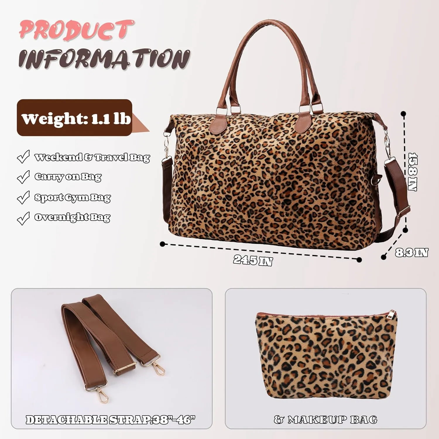 Leopard Print Weekender Bag Extra Large, Stylish Duffle Bags for Travel, Western gifts for Women (Leopard with Makeup Bag)
