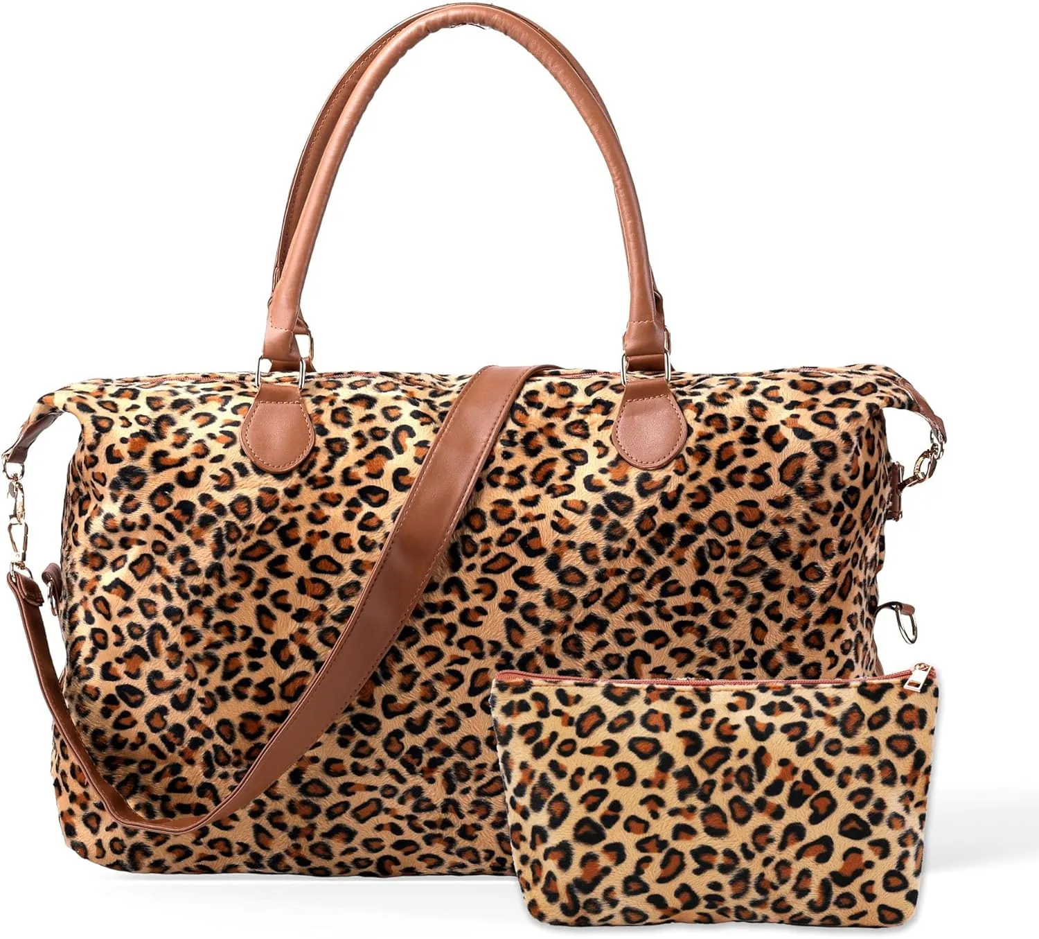 Leopard Print Weekender Bag Extra Large, Stylish Duffle Bags for Travel, Western gifts for Women (Leopard with Makeup Bag)
