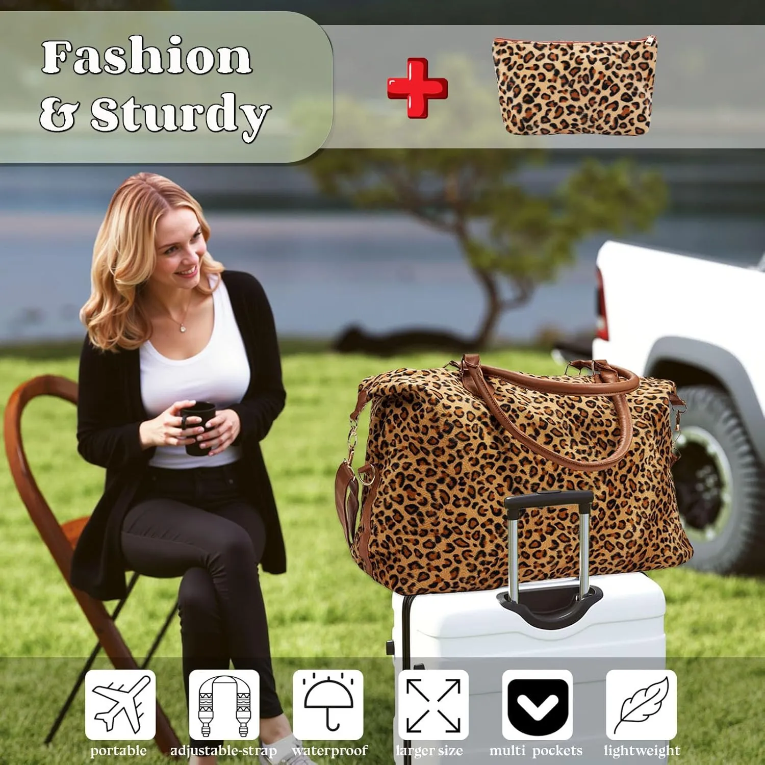 Leopard Print Weekender Bag Extra Large, Stylish Duffle Bags for Travel, Western gifts for Women (Leopard with Makeup Bag)