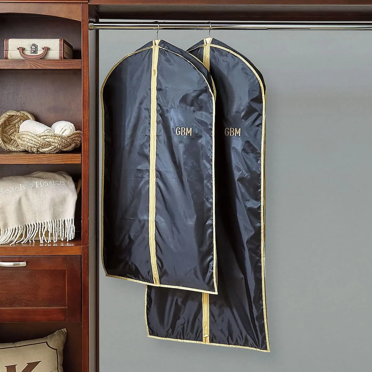 Lillian Vernon Monogram Garment Bag for Men & Women  Personalized 40 Clothing Protector for Suits, Dresses, Gowns, Costumes, & Uniforms, Heavy Duty Black Poly Bags for Travel & Storage