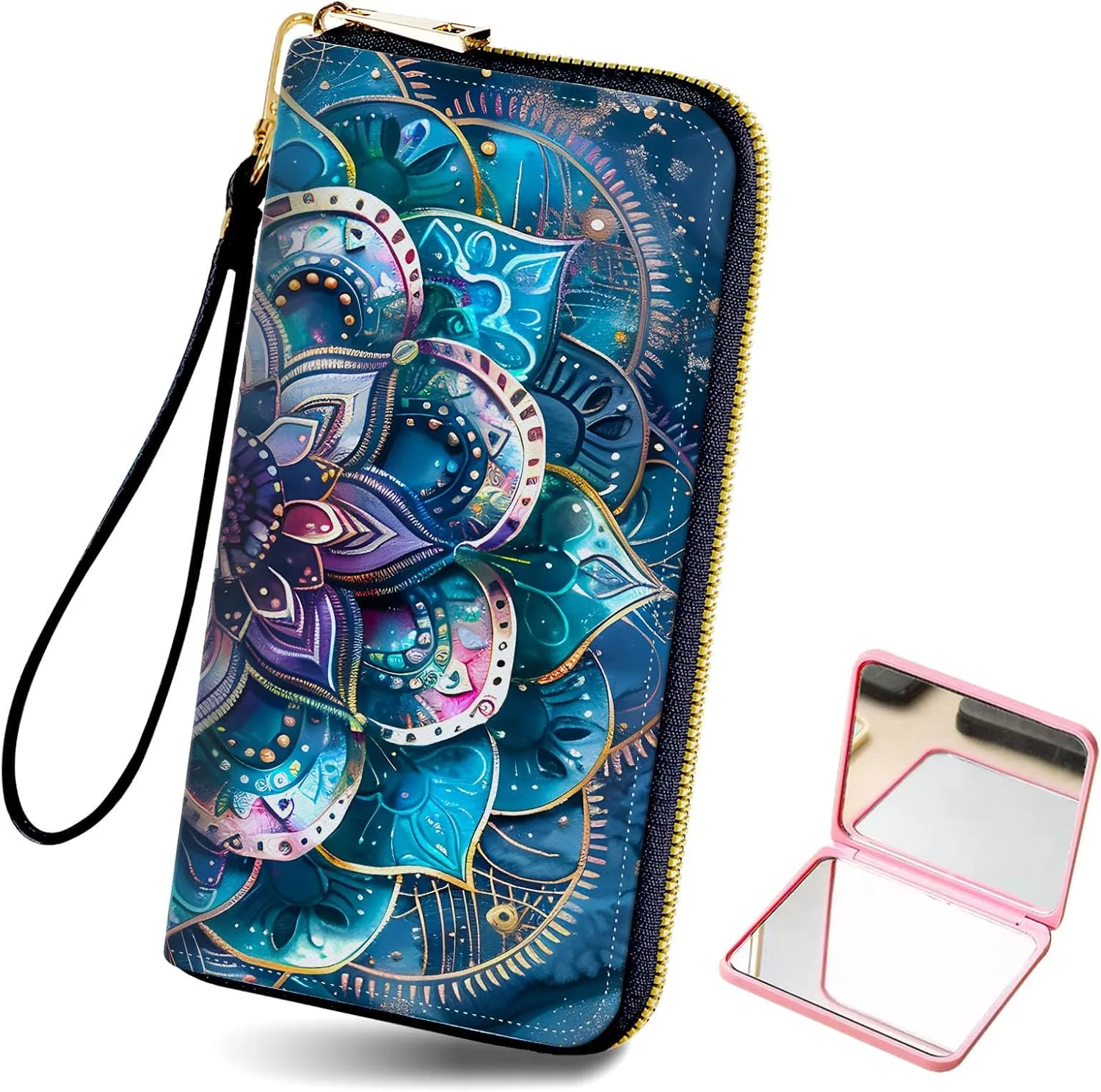 Long Wallet for Women, PU Leather Wristlet Wallet with Zipper Dark Mandala Credit Card Holder Pocket Business Stylish Convenient Travel Wallet with Wrist strap and Pink Mirror