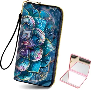 Long Wallet for Women, PU Leather Wristlet Wallet with Zipper Dark Mandala Credit Card Holder Pocket Business Stylish Convenient Travel Wallet with Wrist strap and Pink Mirror