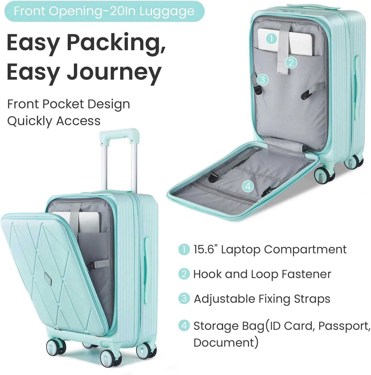 Luggage 3 Piece Sets, Expandable Carry On Suitcase Set with TSA Lock & Double Wheels, Front Open Hardshell Luggage Sets with PVC Cover, PC Lightweight 20in/24in/28in Luggage, Mint Green