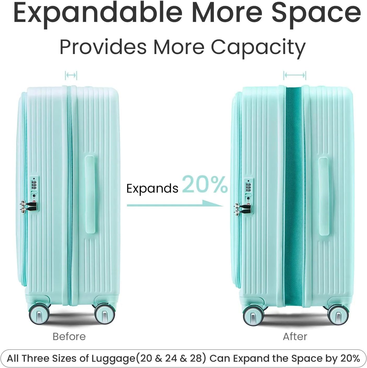 Luggage 3 Piece Sets, Expandable Carry On Suitcase Set with TSA Lock & Double Wheels, Front Open Hardshell Luggage Sets with PVC Cover, PC Lightweight 20in/24in/28in Luggage, Mint Green