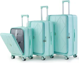 Luggage 3 Piece Sets, Expandable Carry On Suitcase Set with TSA Lock & Double Wheels, Front Open Hardshell Luggage Sets with PVC Cover, PC Lightweight 20in/24in/28in Luggage, Mint Green