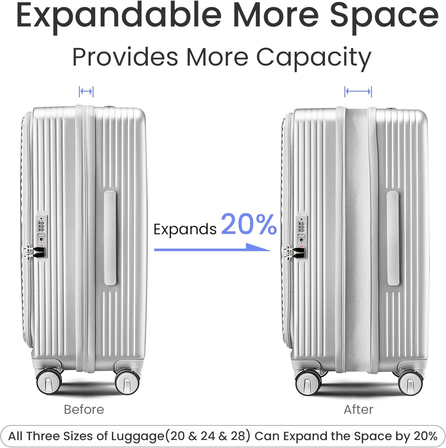 Luggage 3 Piece Sets, Expandable Carry On Suitcase Set with TSA Lock & Double Wheels, Front Open Hardshell Luggage Sets with PVC Cover, PC Lightweight 20in/24in/28in Luggage, Silver