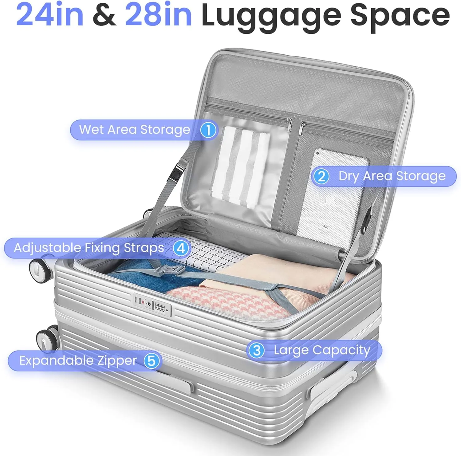 Luggage 3 Piece Sets, Expandable Carry On Suitcase Set with TSA Lock & Double Wheels, Front Open Hardshell Luggage Sets with PVC Cover, PC Lightweight 20in/24in/28in Luggage, Silver
