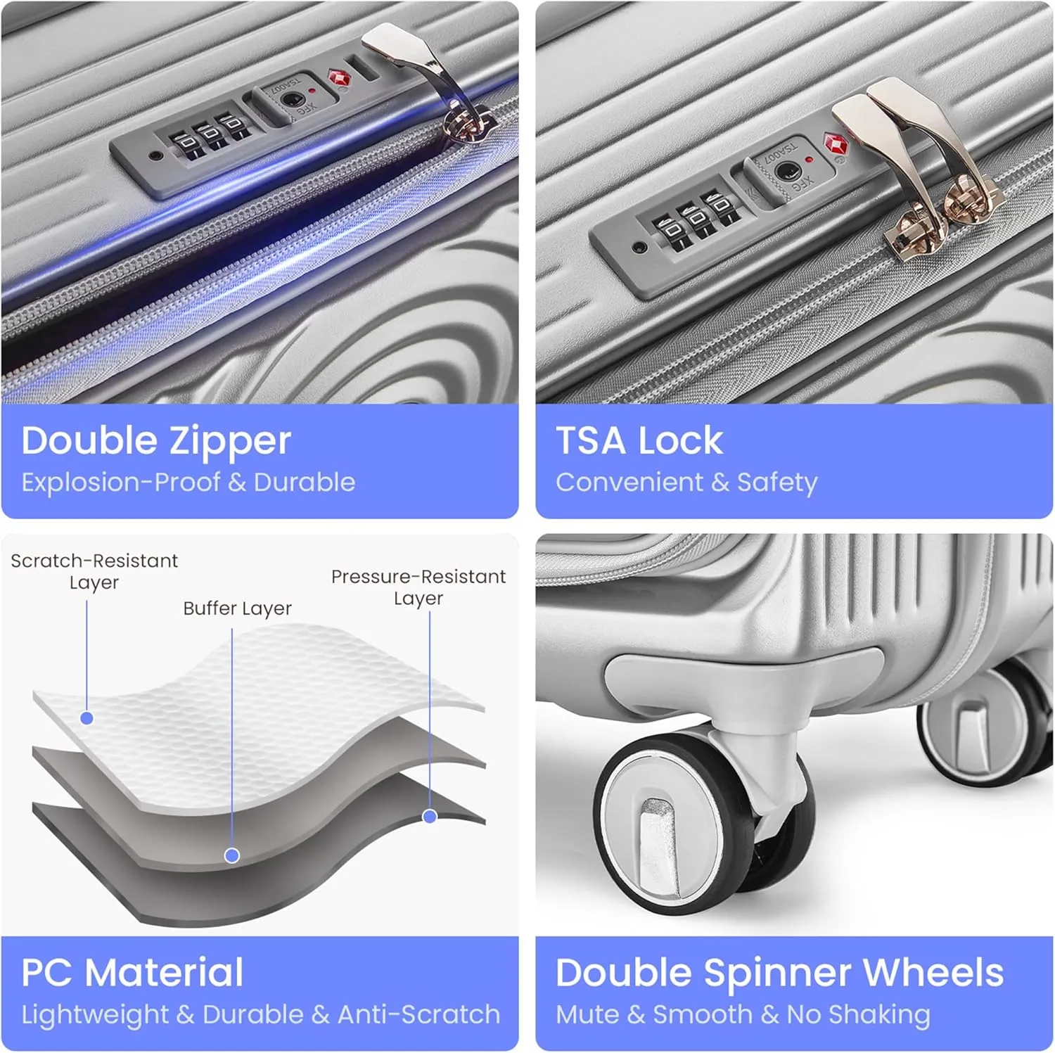Luggage 3 Piece Sets, Expandable Carry On Suitcase Set with TSA Lock & Double Wheels, Front Open Hardshell Luggage Sets with PVC Cover, PC Lightweight 20in/24in/28in Luggage, Silver
