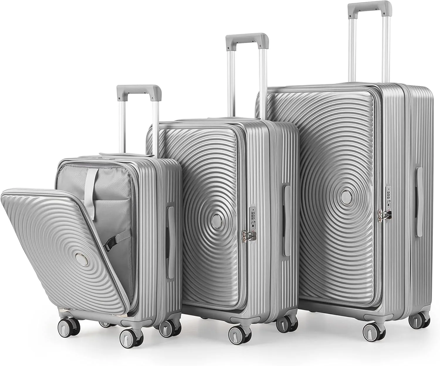 Luggage 3 Piece Sets, Expandable Carry On Suitcase Set with TSA Lock & Double Wheels, Front Open Hardshell Luggage Sets with PVC Cover, PC Lightweight 20in/24in/28in Luggage, Silver