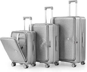 Luggage 3 Piece Sets, Expandable Carry On Suitcase Set with TSA Lock & Double Wheels, Front Open Hardshell Luggage Sets with PVC Cover, PC Lightweight 20in/24in/28in Luggage, Silver