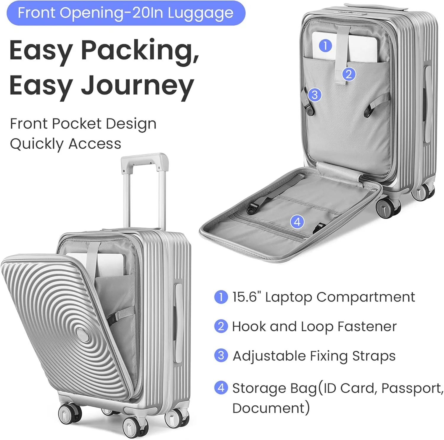Luggage 3 Piece Sets, Expandable Carry On Suitcase Set with TSA Lock & Double Wheels, Front Open Hardshell Luggage Sets with PVC Cover, PC Lightweight 20in/24in/28in Luggage, Silver