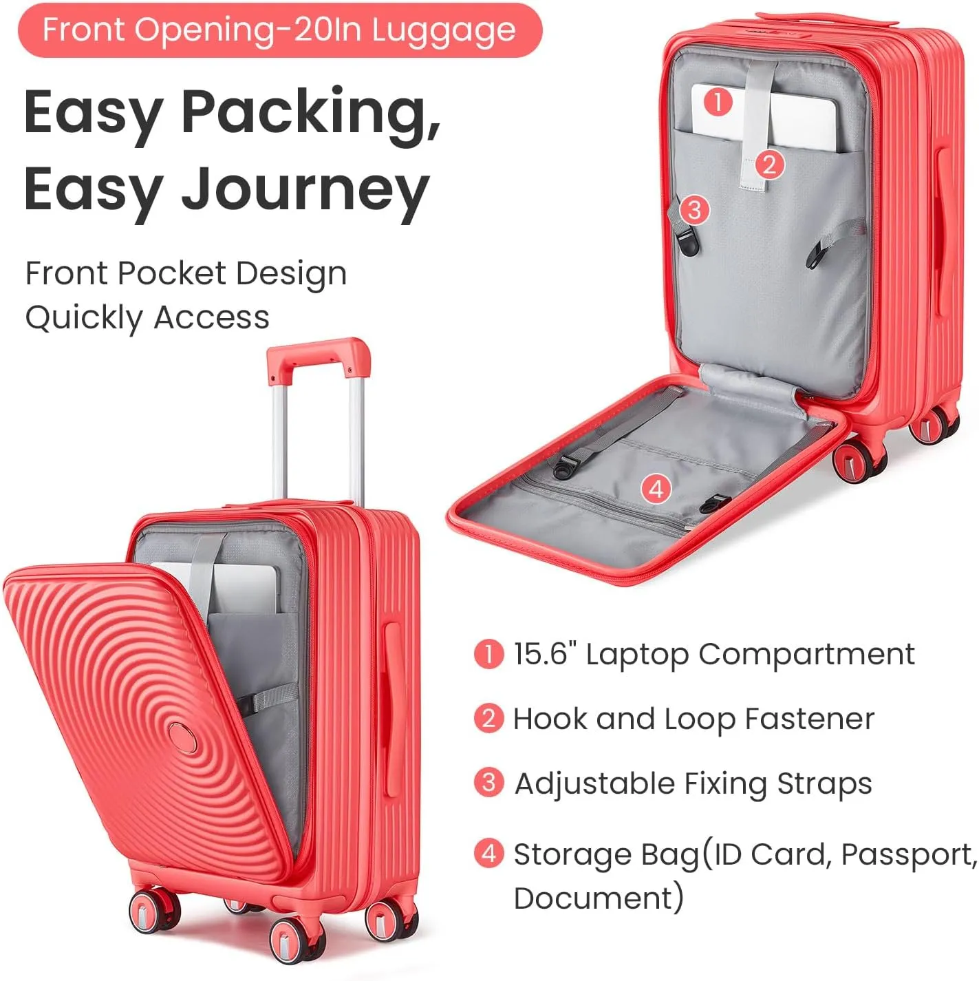 Luggage 3 Piece Sets, Front Open Hardshell Luggage Sets with PVC Cover, Expandable Carry On Suitcase Set with TSA Lock & Double Wheels, PC Lightweight 20in/24in/28in Luggage, Orange Red