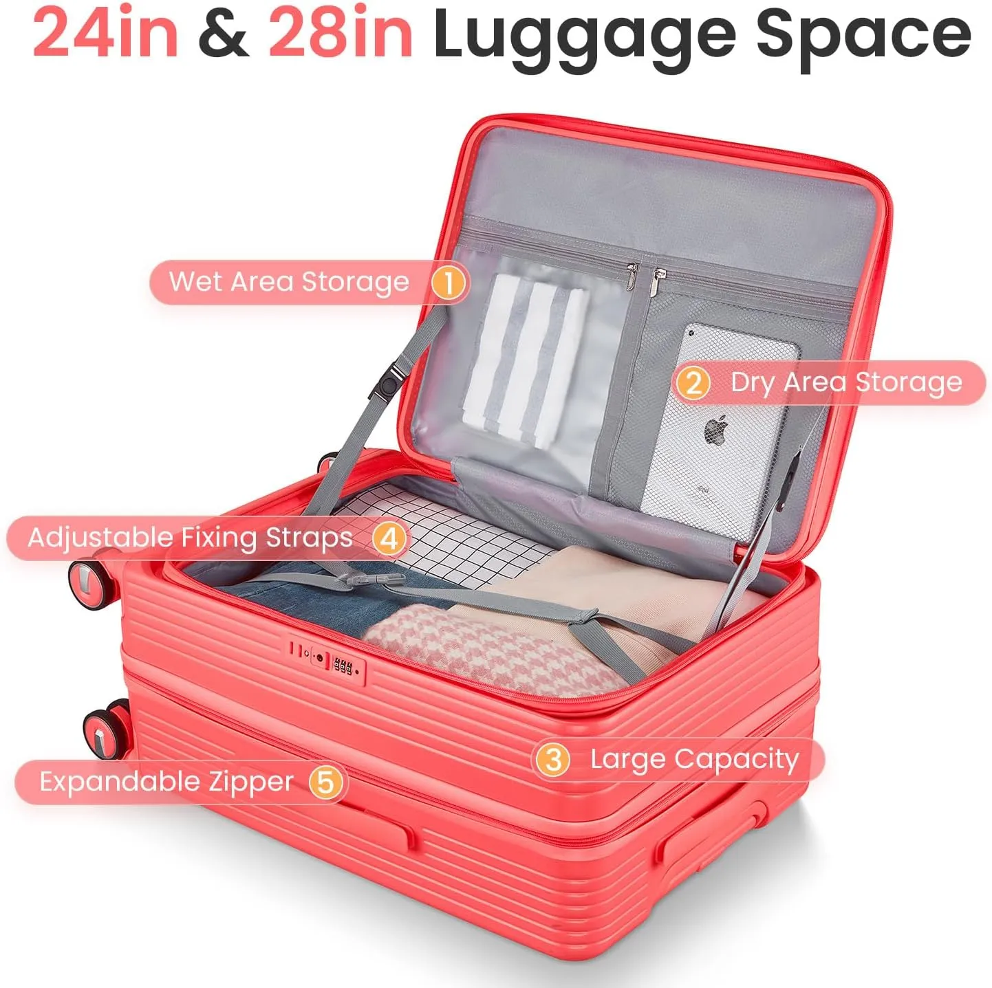 Luggage 3 Piece Sets, Front Open Hardshell Luggage Sets with PVC Cover, Expandable Carry On Suitcase Set with TSA Lock & Double Wheels, PC Lightweight 20in/24in/28in Luggage, Orange Red