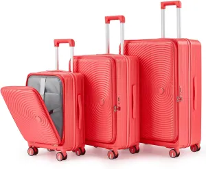 Luggage 3 Piece Sets, Front Open Hardshell Luggage Sets with PVC Cover, Expandable Carry On Suitcase Set with TSA Lock & Double Wheels, PC Lightweight 20in/24in/28in Luggage, Orange Red