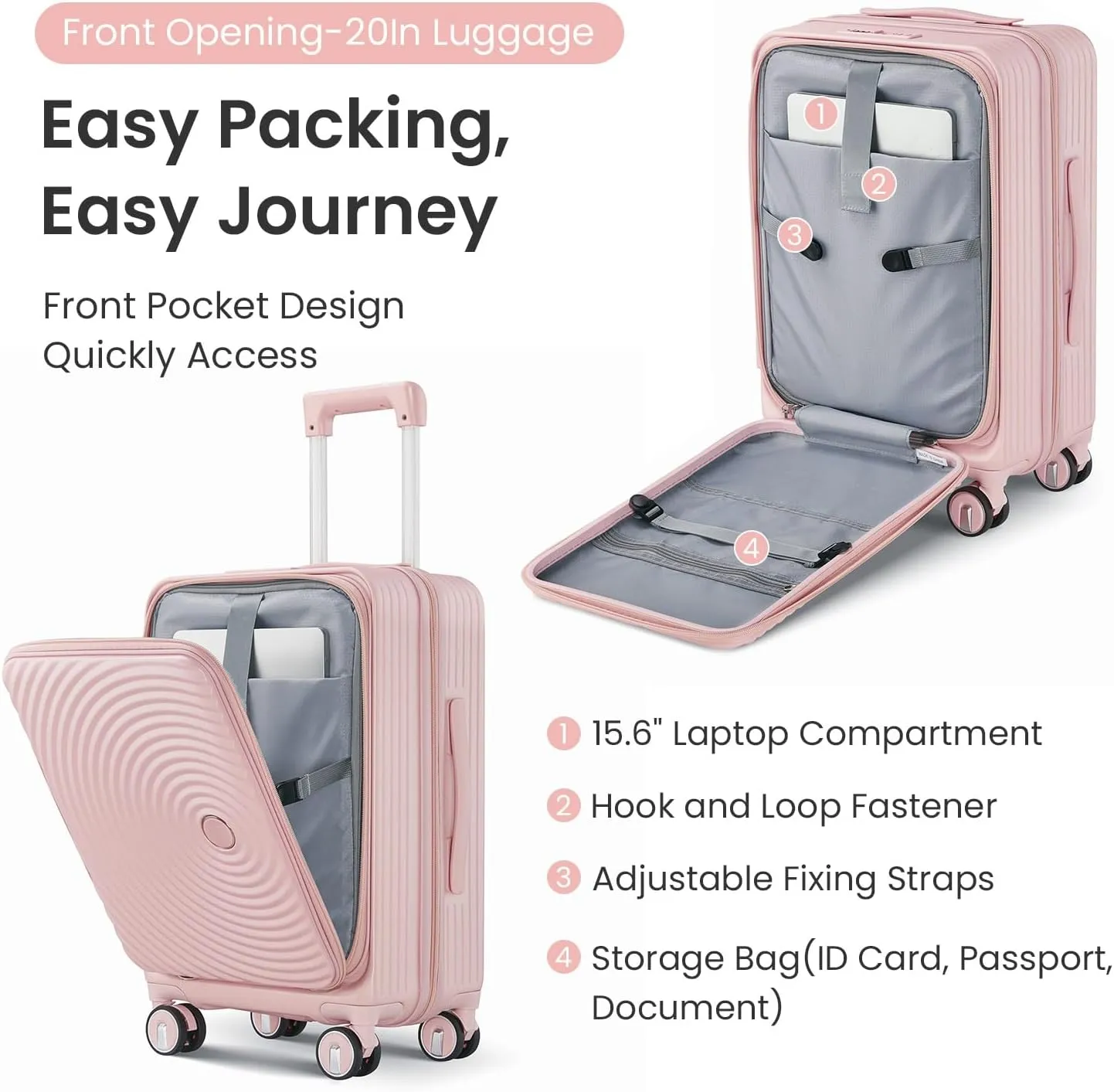 Luggage 3 Piece Sets, PC Lightweight 20in/24in/28in Luggage, Expandable Carry On Suitcase Set with TSA Lock & Double Wheels, Front Open Hardshell Luggage Sets with PVC Cover, Pink