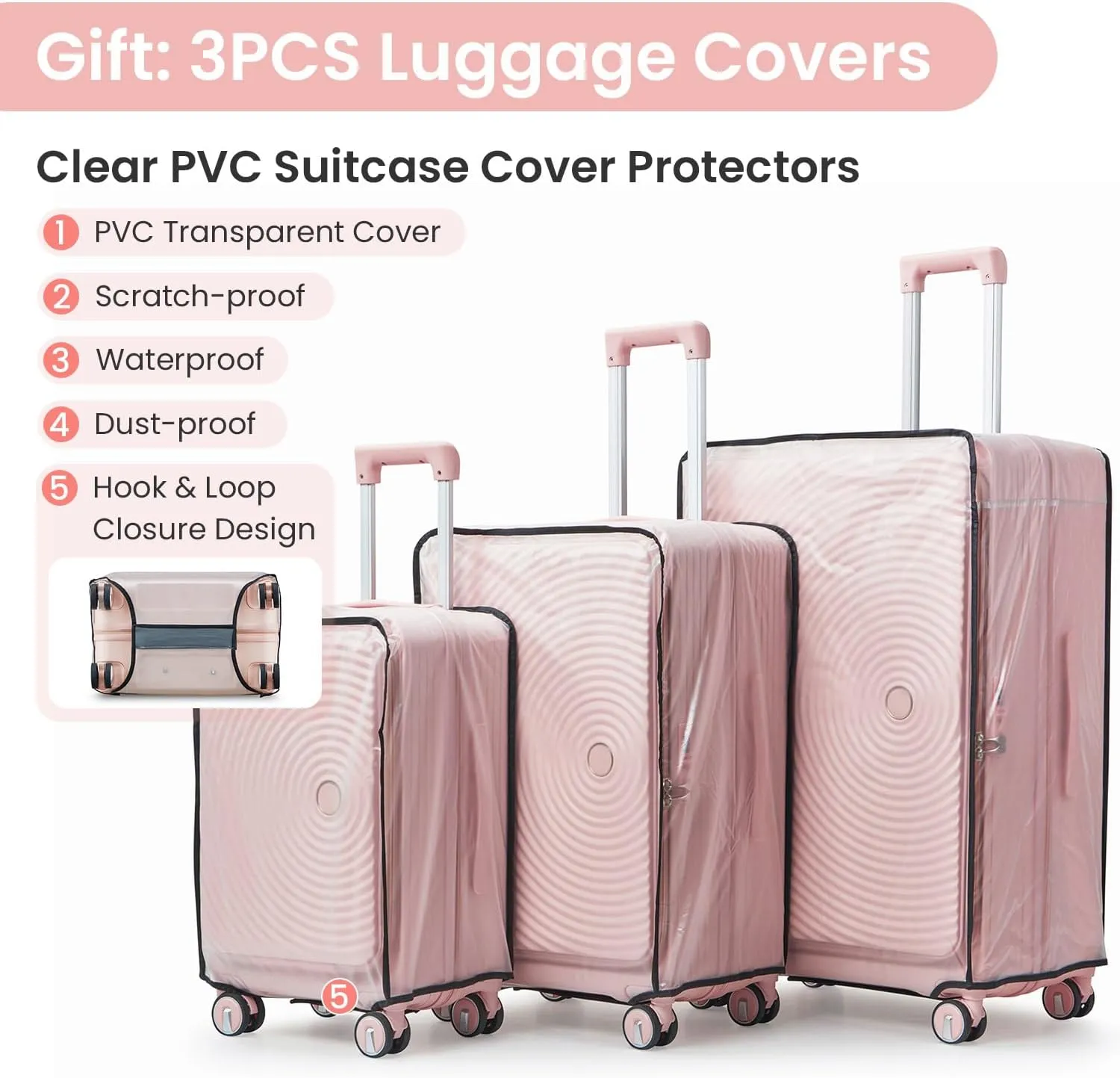 Luggage 3 Piece Sets, PC Lightweight 20in/24in/28in Luggage, Expandable Carry On Suitcase Set with TSA Lock & Double Wheels, Front Open Hardshell Luggage Sets with PVC Cover, Pink