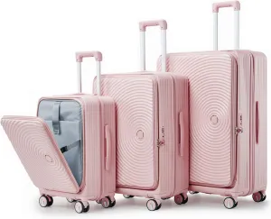 Luggage 3 Piece Sets, PC Lightweight 20in/24in/28in Luggage, Expandable Carry On Suitcase Set with TSA Lock & Double Wheels, Front Open Hardshell Luggage Sets with PVC Cover, Pink