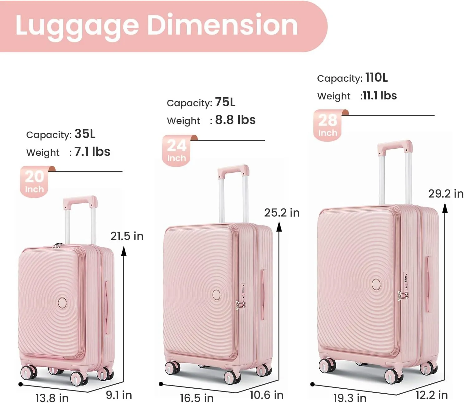 Luggage 3 Piece Sets, PC Lightweight 20in/24in/28in Luggage, Expandable Carry On Suitcase Set with TSA Lock & Double Wheels, Front Open Hardshell Luggage Sets with PVC Cover, Pink