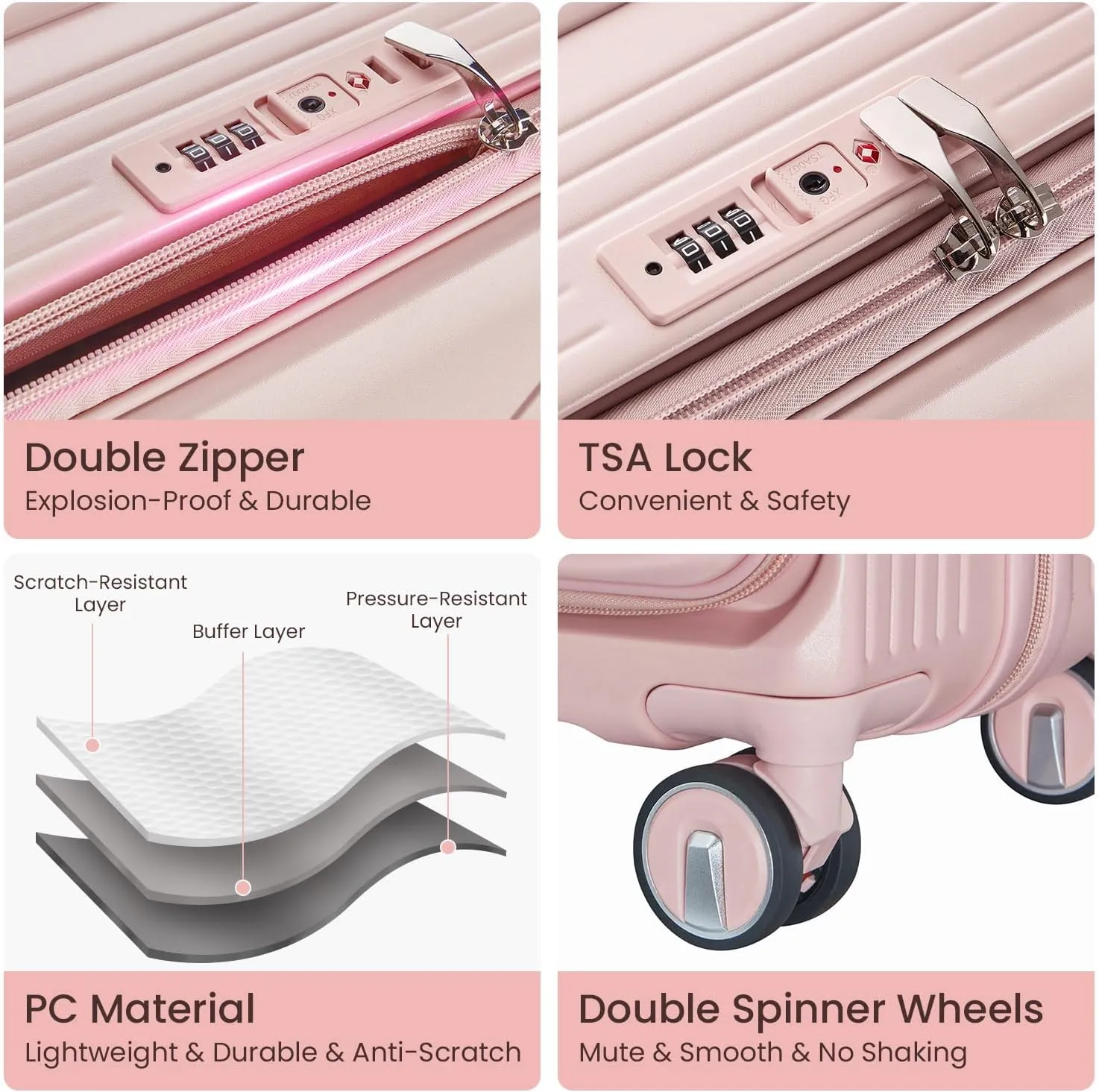 Luggage 3 Piece Sets, PC Lightweight 20in/24in/28in Luggage, Expandable Carry On Suitcase Set with TSA Lock & Double Wheels, Front Open Hardshell Luggage Sets with PVC Cover, Pink