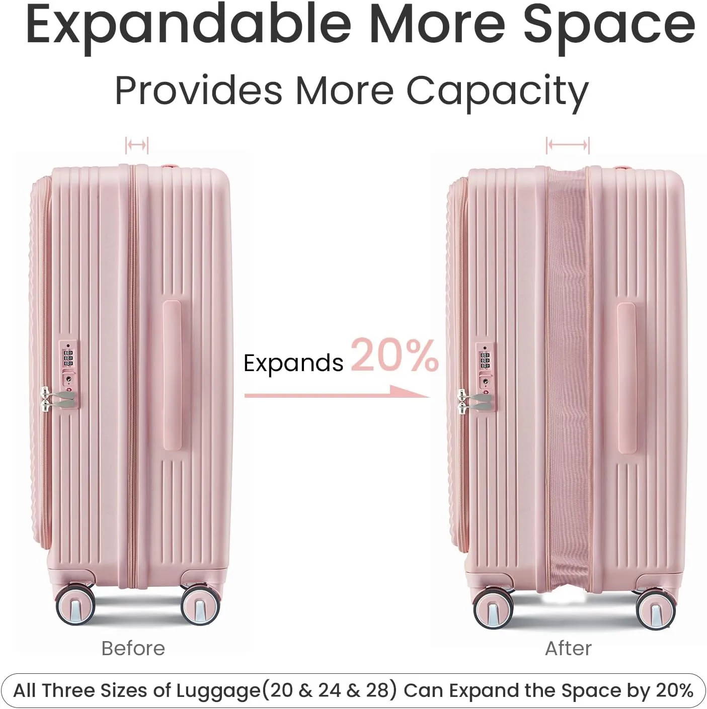 Luggage 3 Piece Sets, PC Lightweight 20in/24in/28in Luggage, Expandable Carry On Suitcase Set with TSA Lock & Double Wheels, Front Open Hardshell Luggage Sets with PVC Cover, Pink
