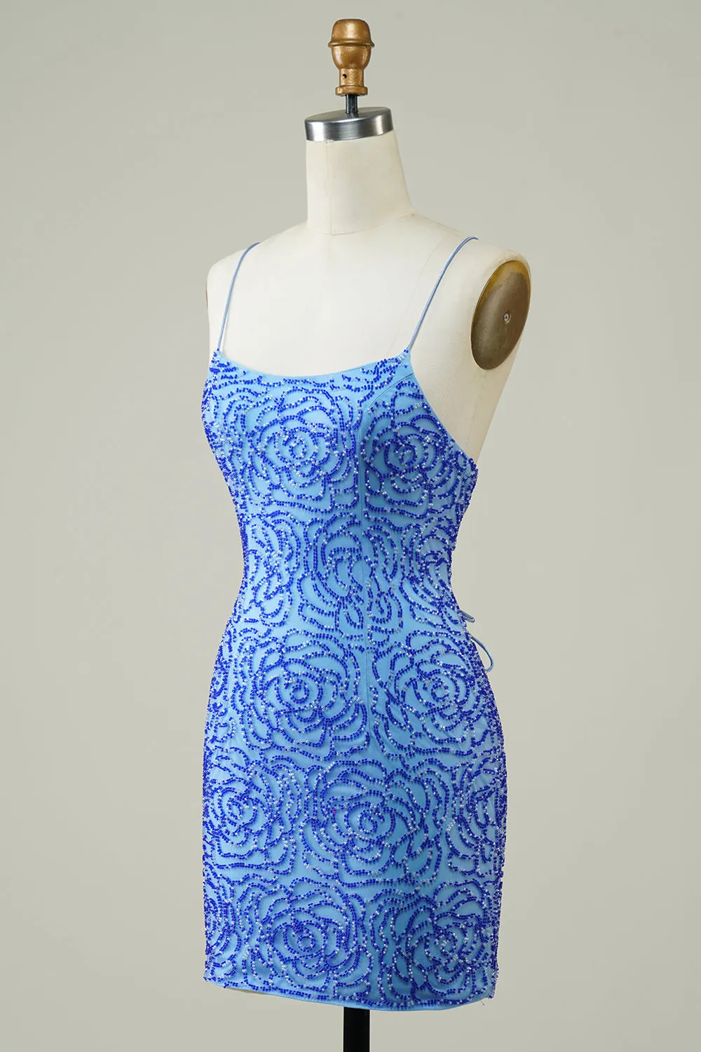 Luolandi A-Line Spaghetti Straps Lace up Short Beaded Homecoming Cocktail Dress Sexy