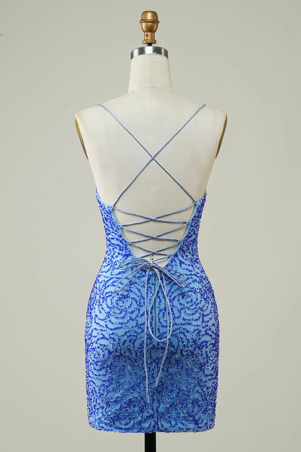 Luolandi A-Line Spaghetti Straps Lace up Short Beaded Homecoming Cocktail Dress Sexy