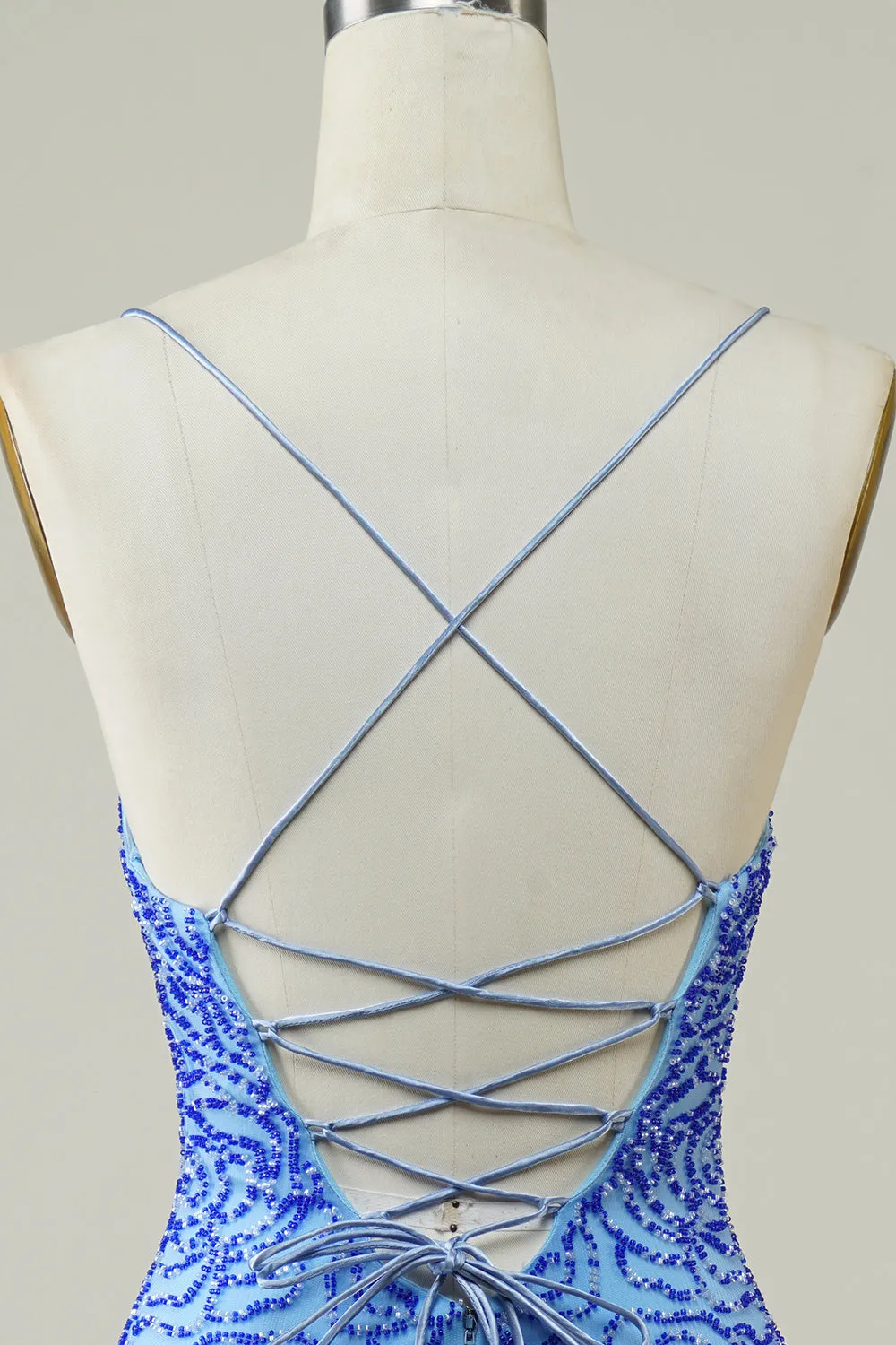 Luolandi A-Line Spaghetti Straps Lace up Short Beaded Homecoming Cocktail Dress Sexy
