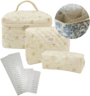 M-UP13Pcs Cotton Quilted Makeup Bag, Floral Aesthetic Cosmetic Bag Set for Women Gifts, Travel Toiletry Organizer Bag, Cosmetic Pouch,Adjustable Dividers (3PCS/C)