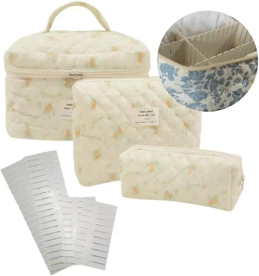 M-UP13Pcs Cotton Quilted Makeup Bag, Floral Aesthetic Cosmetic Bag Set for Women Gifts, Travel Toiletry Organizer Bag, Cosmetic Pouch,Adjustable Dividers (3PCS/C)