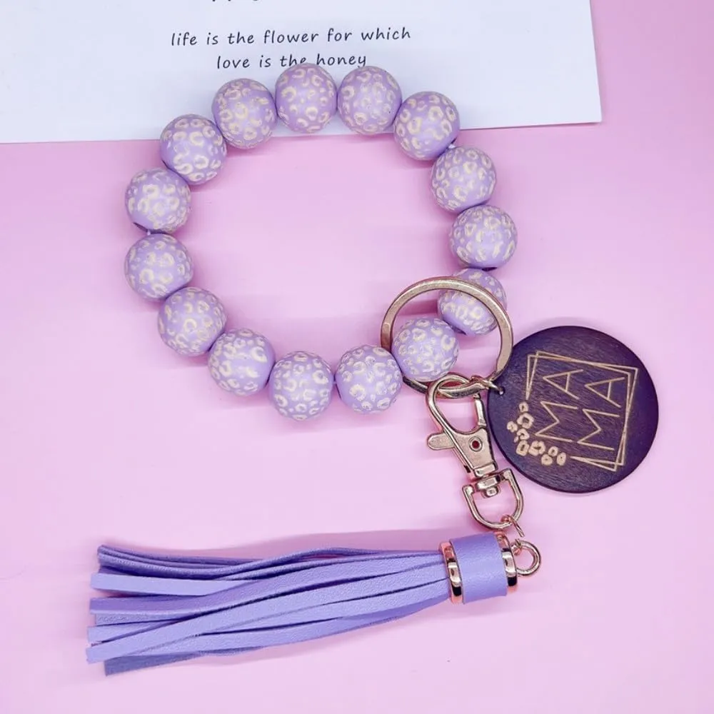 MAMA Keychain Wristlet for Women Wooden Beaded Key Chain Lanyard Bangle Wrist Chain Anti Lost Keyring