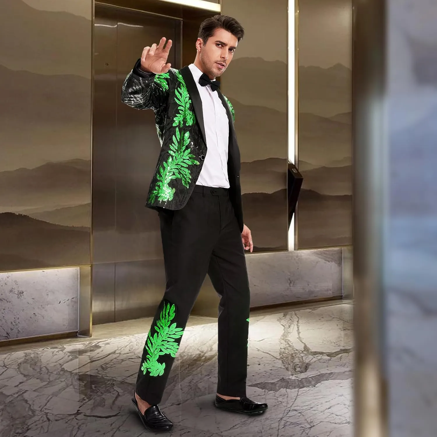 Men's Suit 2 Pieces Blazer and Pants Black with Gold Applique Fit for Wedding Prom