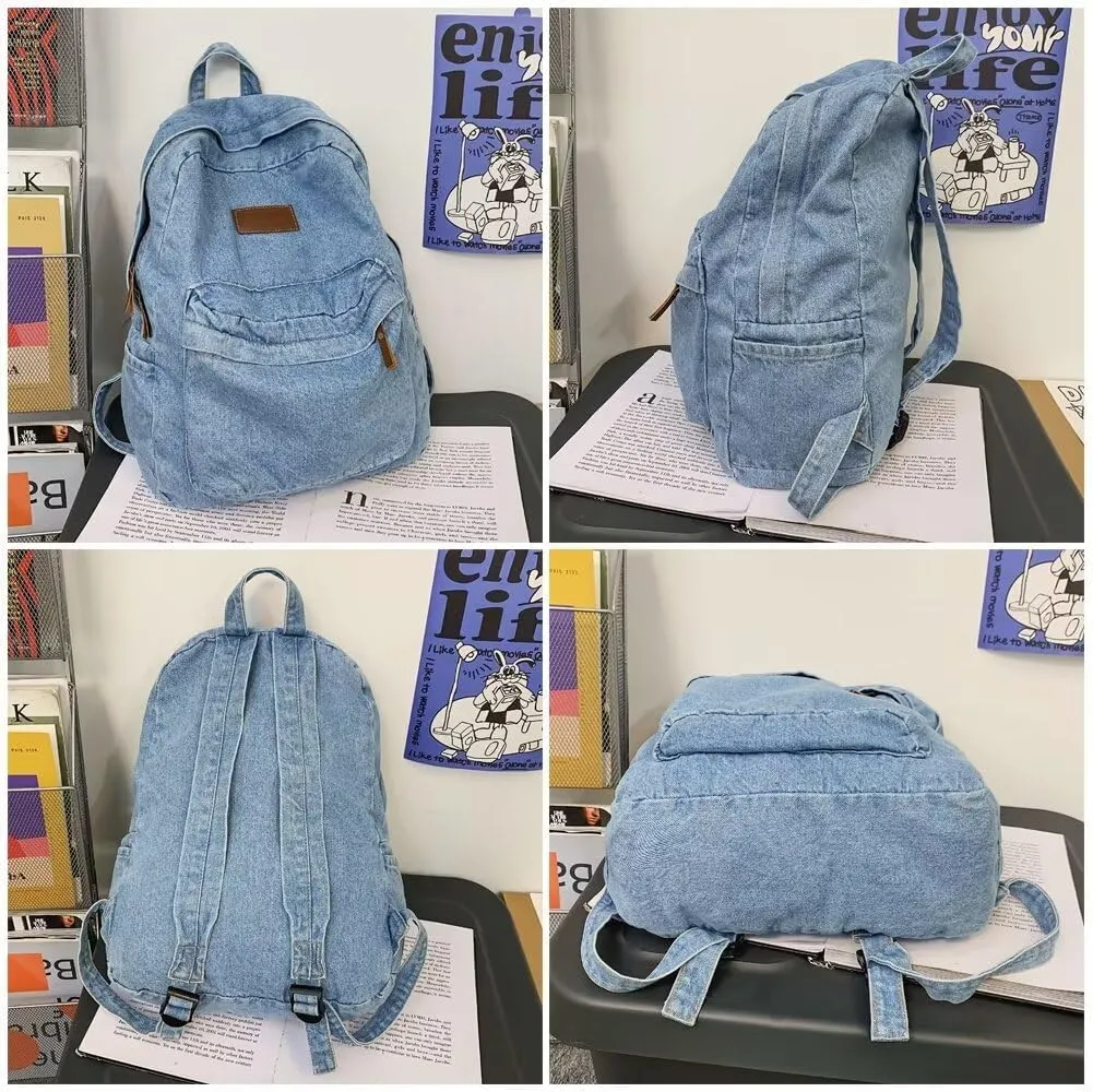 Mudono Denim Backpack for Women Retro Jeans Daypack Spacious Lightweight Rucksack Travel Backpack Fit 15 Inch Laptop