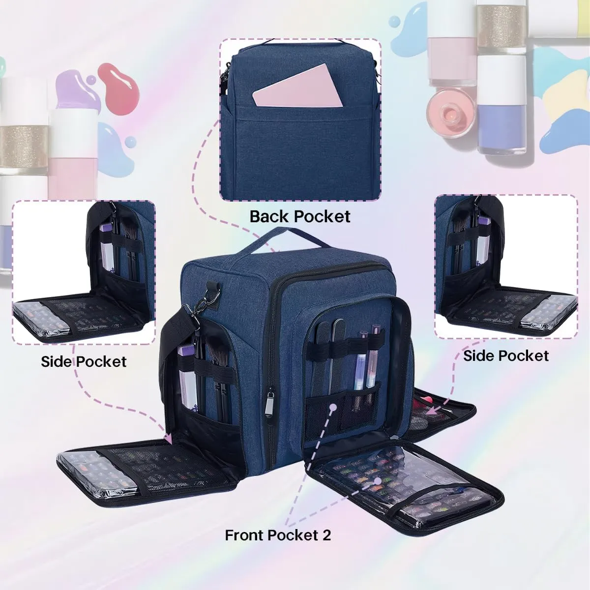 Nail Polish Organizer Holds 60 Bottles and a Nail Lamp,Portable Travel Case with 2 Removable Bags and Tools Storage Pockets Blue