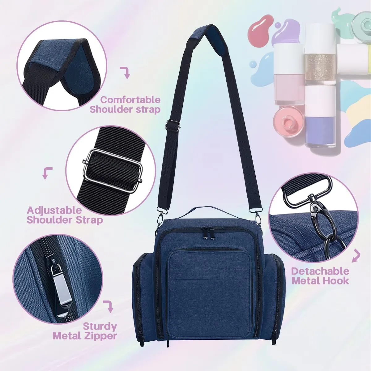 Nail Polish Organizer Holds 60 Bottles and a Nail Lamp,Portable Travel Case with 2 Removable Bags and Tools Storage Pockets Blue