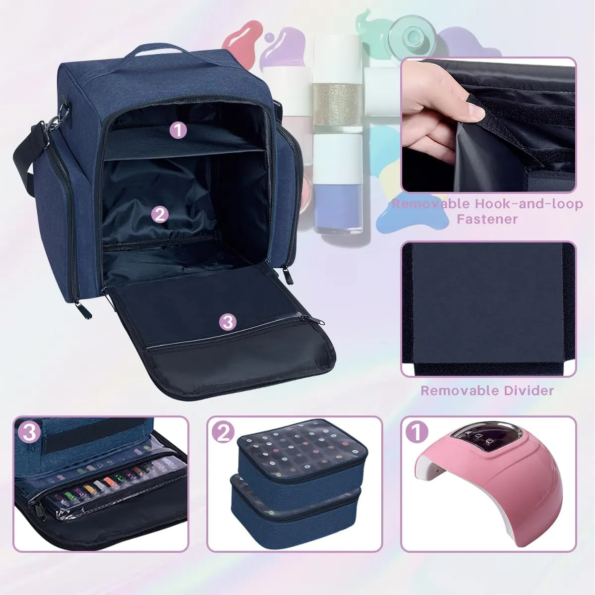 Nail Polish Organizer Holds 60 Bottles and a Nail Lamp,Portable Travel Case with 2 Removable Bags and Tools Storage Pockets Blue