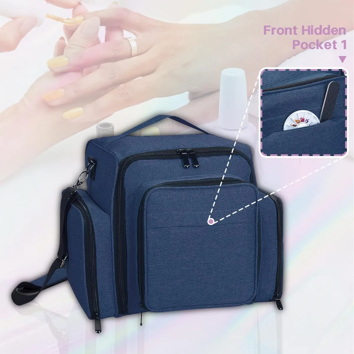 Nail Polish Organizer Holds 60 Bottles and a Nail Lamp,Portable Travel Case with 2 Removable Bags and Tools Storage Pockets Blue