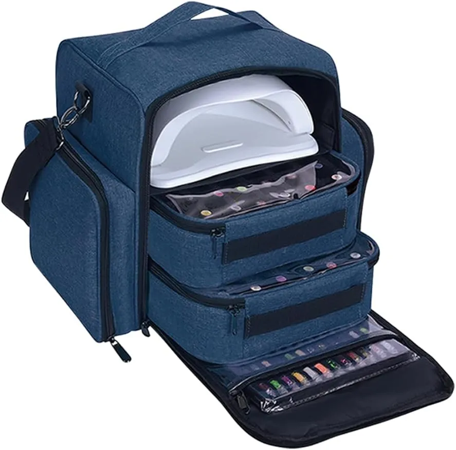 Nail Polish Organizer Holds 60 Bottles and a Nail Lamp,Portable Travel Case with 2 Removable Bags and Tools Storage Pockets Blue